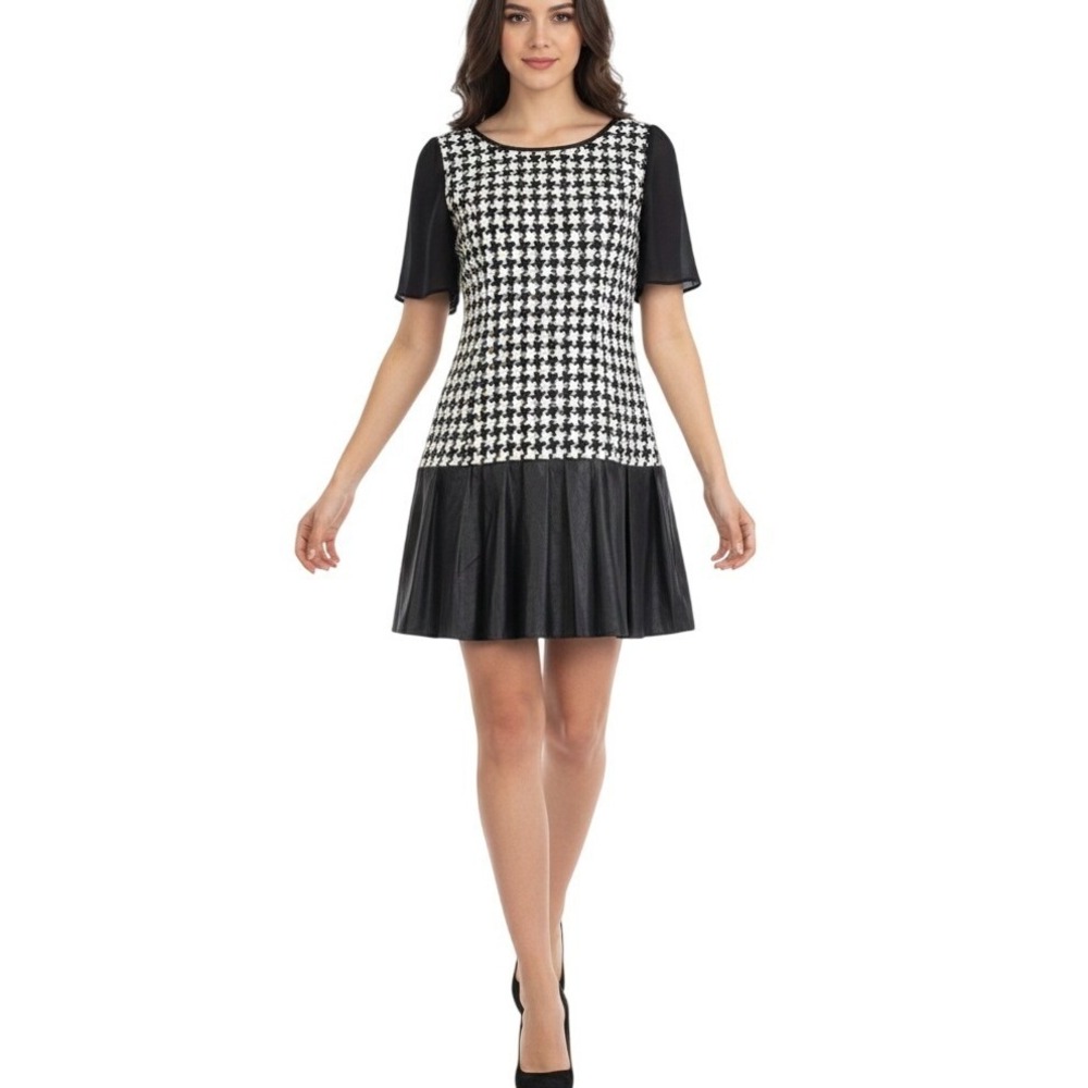 BCBGMAXAZRIA Houndstooth Faux Leather Pleated Dress Black White Size‎ 4 Coquette